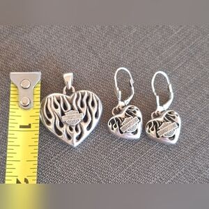 Harley Davidson SS Flaming Heart Pendant And Earring Set